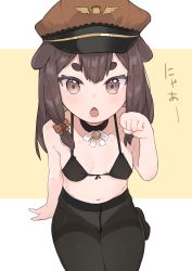 Rule 34 | 1girl, absurdres, bell, blush, bra, breasts, brown eyes, brown hair, choker, dog girl, hat, highres, inukai purin, kneeling, looking at viewer, lucabassiart, military hat, navel, open mouth, pantyhose, paw pose, solo, thighs, tsunderia, underwear, virtual youtuber