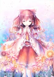 Rule 34 | 1girl, bow, brown eyes, brown hair, detached sleeves, flower, hair ornament, hakurei reimu, non (nobu), praying, ribbon, smile, solo, touhou