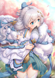 Rule 34 | 1girl, blue eyes, blurry, blurry background, blush, cherry blossoms, chinese clothes, commentary request, covering own mouth, cowboy shot, day, embarrassed, feather fan, floating hair, fur trim, hair ornament, hair stick, hairpin, hand fan, highres, holding, holding fan, honkai (series), honkai impact 3rd, long hair, long sleeves, looking away, outdoors, signature, silver hair, skirt, solo, striped clothes, striped skirt, theresa apocalypse, thighhighs, tree, vertical-striped clothes, vertical-striped skirt, white thighhighs, wide sleeves, wind, xfate, zhuge kongming (honkai impact)