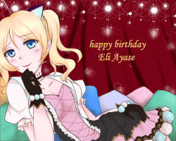 Rule 34 | 1girl, animal ears, artist request, ayase eli, black gloves, blonde hair, blue eyes, blush, breasts, collarbone, cross-laced clothes, cross-laced dress, female focus, gloves, hair between eyes, highres, long hair, looking at viewer, love live!, love live! school idol project, medium breasts, parted lips, pink skirt, pom pom (clothes), ponytail, puffy short sleeves, puffy sleeves, short sleeves, skirt, solo, somyan, twintails, white detached collar