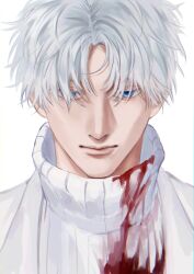 Rule 34 | 1boy, absurdres, blood, blood on clothes, blue eyes, closed mouth, highres, jacket, looking at viewer, male focus, ndsoda, parted bangs, sakamoto days, short hair, simple background, solo, suit jacket, turtleneck, uzuki (sakamoto days), white background, white hair, white jacket