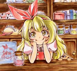 Rule 34 | altrouge, blonde hair, blush, cat, ellen (touhou), hair ornament, hands on own cheeks, hands on own face, looking at viewer, maid headdress, mimi-chan, potion, shop, smile, sokrates (touhou), solo, touhou, touhou (pc-98), yellow eyes
