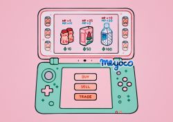 Rule 34 | artist name, bad id, bad twitter id, can, english text, food, fruit, handheld game console, meyoco, nintendo ds, no humans, original, peach, pink background, simple background, watermelon