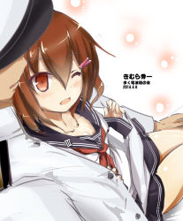 Rule 34 | 10s, 1boy, 1girl, admiral (kancolle), artist name, brown eyes, brown hair, hair ornament, hairclip, hat, ikazuchi (kancolle), kantai collection, kimura shuuichi, neckerchief, one eye closed, open mouth, red neckerchief, school uniform, serafuku, short hair, signature, sitting, sitting on lap, sitting on person, skirt, smile, wink