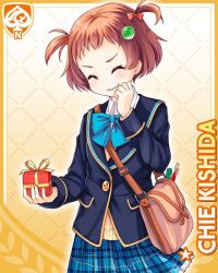 Rule 34 | 1girl, bag, blue bow, blue jacket, blue skirt, bow, brown hair, card, character name, closed eyes, gift, girlfriend (kari), hand on own face, jacket, kishida chie, official art, orange background, plaid, plaid skirt, qp:flapper, shirt, skirt, smile, solo, strap, tagme, teeth, twintails, white shirt, yellow eyes