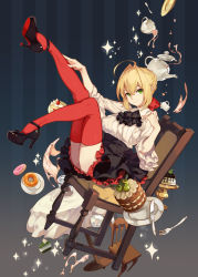 Rule 34 | 10s, 1girl, ahoge, alternate costume, black neckwear, black skirt, blonde hair, blouse, boots, bow, breasts, cake, chair, commentary request, doughnut, falling, fate/extra, fate/grand order, fate (series), food, frilled skirt, frills, green eyes, hair intakes, hair ribbon, high heels, large breasts, legs up, nero claudius (fate), nero claudius (fate) (all), nero claudius (fate/extra), oneko, pumps, red bow, red frills, red thighhighs, ribbon, shirt, short hair, sidelocks, sitting, skirt, smile, solo, thighhighs, thighs, white shirt, zettai ryouiki