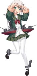 Rule 34 | 10s, 1girl, blonde hair, full body, green eyes, gun, kantai collection, leg up, long sleeves, looking at viewer, machinery, mary janes, official art, open mouth, pantyhose, shimushu (kancolle), shoes, skirt, smile, solo, transparent background, turret, ugume, weapon