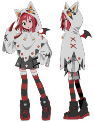 Rule 34 | 1girl, absurdres, claws, cloak, from side, full body, highres, hood, hooded cloak, hyow, looking at viewer, multiple views, original, red eyes, red hair, skirt, solo, standing, striped clothes, striped thighhighs, thighhighs, white background, zipper pull tab