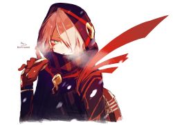 Rule 34 | 1boy, absurdres, aqua eyes, bishounen, breath, fate/grand order, fate (series), gloves, hair over one eye, highres, holding, hood, hood up, karna (fate), karna (santa) (fate), male focus, over shoulder, parted lips, red gloves, scarf, signature, simple background, sketch, sofra, solo, striped clothes, striped scarf, twitter username, upper body, white background, white hair