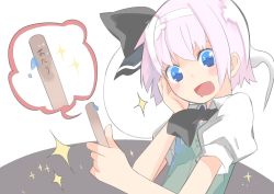 Rule 34 | 1girl, akimaki yuu, black bow, black neckwear, blue eyes, blush, bow, commentary request, drooling, green vest, hair bow, hand on own cheek, hand on own face, hand up, holding, konpaku youmu, konpaku youmu (ghost), mouth drool, open mouth, popsicle stick, shirt, short hair, smile, solo, sparkle, star (symbol), touhou, translation request, upper body, vest, white hair, white shirt