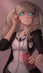 Rule 34 | 10s, 1girl, artist name, black jacket, blonde hair, blue eyes, cellphone, closed mouth, hair ornament, hairclip, headphones, highres, holding, holding phone, jacket, layered clothes, long hair, matilda fiship, nail polish, open clothes, open jacket, persona, persona 5, phone, red nails, smartphone, solo, takamaki anne, twintails, white jacket, zipper, zipper pull tab