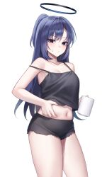 Rule 34 | 1girl, absurdres, belly grab, black camisole, black shorts, blue archive, blush, breasts, camisole, cleavage, collarbone, cowboy shot, cup, fingernails, halo, highres, holding, holding cup, long hair, looking at viewer, mechanical halo, medium breasts, navel, ponytail, purple eyes, purple hair, raki kr, shorts, simple background, solo, weight conscious, white background, yuuka (blue archive)