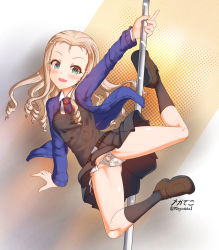 Rule 34 | 1girl, bc freedom school uniform, blonde hair, blush, breasts, cameltoe, covered erect nipples, drill hair, girls und panzer, green eyes, highres, marie (girls und panzer), megadeko, open mouth, panties, pole dancing, school uniform, small breasts, smile, solo, thong, underwear, white panties