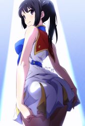 Rule 34 | 1girl, ass, ass grab, bare arms, bare shoulders, black hair, blouse, breasts, dated, from behind, grabbing own ass, hibike! euphonium, highres, kousaka reina, looking at viewer, looking back, medium breasts, miniskirt, nii manabu, ponytail, purple eyes, shirt, signature, skirt, sleeveless, sleeveless shirt, solo, uniform, wavy mouth, white skirt