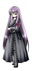 Rule 34 | 1girl, 4129714, black coat (kingdom hearts), book, boots, cloak, cosplay, dnk, female focus, full body, kingdom hearts, long hair, one eye closed, pale skin, patchouli knowledge, purple eyes, purple hair, solo, standing, touhou, transparent background, very long hair, wink, zexion, zexion (cosplay)