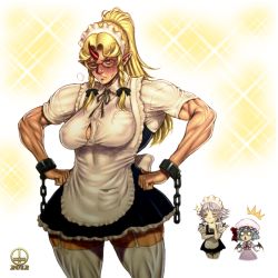 Rule 34 | 3girls, ^^^, alternate costume, apron, bespectacled, blonde hair, blush, bow, braid, breasts, bursting breasts, center opening, chain, cuffs, dairoku tenma, embarrassed, enmaided, female focus, full-face blush, garter belt, glasses, hand on own chin, hands on own hips, hat, hat bow, horns, hoshiguma yuugi, izayoi sakuya, large breasts, long hair, maid, maid apron, maid headdress, multiple girls, muscular, muscular female, o o, open mouth, ponytail, remilia scarlet, shackles, short hair, silver hair, single horn, solo focus, sparkle, straining buttons, touhou, twin braids, wide-eyed, wince, wings
