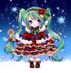 Rule 34 | 1girl, blue eyes, candle, chibi, christmas, frills, green hair, hairband, hatsune miku, koyoi (ruka), lolita hairband, long hair, looking at viewer, open mouth, snowflakes, solo, twintails, vocaloid
