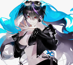 Rule 34 | absurdres, alternate eye color, alternate hair color, bikini, bikini top only, black hair, black jacket, black rock shooter, black rock shooter (character), black shorts, borrowed character, chain, et atr3, eyewear on head, highres, jacket, midriff, multicolored hair, navel, own hands together, pale skin, red eyes, shorts, solo, streaked hair, studded jacket, sunglasses, swimsuit, twintails, uneven twintails
