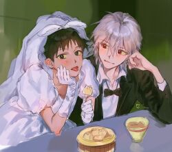 2boys black_bow black_bowtie black_jacket blush bow bowtie brown_eyes brown_hair crossdressing dress elbow_gloves food fork gloves grey_hair holding holding_fork ikari_shinji jacket looking_at_another looking_to_the_side male_focus multiple_boys nagisa_kaworu neon_genesis_evangelion red_eyes shirt short_hair simple_background smile table tongue tongue_out trap tuxedo tyo1ng_ye wedding_dress white_dress white_gloves white_shirt yaoi