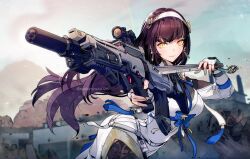 1girl assault_rifle black_hair black_thighhighs bullpup daiyan_(girls&#039;_frontline_2) dress girls&#039;_frontline girls&#039;_frontline_2:_exilium gun hairband hand_fan highres holding holding_fan holding_gun holding_weapon leaning_forward long_hair looking_at_viewer mineta_naoki qbz-95 rifle smile solo suppressor thighhighs twitter_username type_95_(girls&#039;_frontline) weapon white_dress white_hairband yellow_eyes