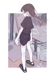 Rule 34 | 1girl, absurdres, black eyes, black footwear, black shirt, black shorts, brown hair, closed mouth, commentary request, from side, highres, long hair, looking at viewer, original, outdoors, railing, sandals, shirt, shoes, short sleeves, shorts, sidewalk, solo, standing, yunoki itsugu