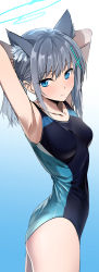 Rule 34 | 1girl, animal ear fluff, animal ears, arms behind head, arms up, blue archive, blue background, blue eyes, competition swimsuit, cowboy shot, cross hair ornament, gradient background, grey hair, hair ornament, halo, highres, looking at viewer, medium hair, mismatched pupils, ningen (ningen96), one-piece swimsuit, shiroko (blue archive), shiroko (swimsuit) (blue archive), solo, standing, swimsuit