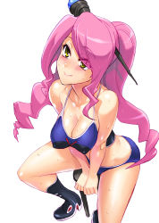 Rule 34 | 1girl, arm support, battle spirits, battle spirits: shounen gekiha dan, bikini, blue bikini, blush, boots, breasts, cleavage, covered erect nipples, from above, hair ornament, high heels, knee boots, kneehighs, large breasts, leaning forward, long hair, looking up, magisa, orb, parted bangs, pink hair, satou shouji, scepter, shoes, simple background, sitting, smile, socks, solo, spread legs, stool, straddling, sweat, swept bangs, swimsuit, tankini, very long hair, wavy hair, yellow eyes