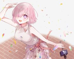 Rule 34 | 1girl, :d, arm up, blush, breasts, collared shirt, fate/grand order, fate (series), floral print, hair over one eye, harukappa, holding, holding microphone, looking up, mash kyrielight, medium breasts, microphone, open mouth, pink hair, print skirt, purple eyes, shirt, short hair, skirt, sleeveless, sleeveless shirt, smile, solo, standing, striped clothes, striped skirt, vertical-striped clothes, vertical-striped skirt, white shirt, white skirt, wing collar