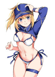 Rule 34 | 1girl, absurdres, ahoge, artoria pendragon (fate), baseball cap, bikini, blonde hair, blue eyes, blue hat, blue ribbon, blue sleeves, breasts, cleavage, closed mouth, cowboy shot, fate/grand order, fate (series), gluteal fold, groin, hair between eyes, hand on own head, hat, highres, long hair, long sleeves, looking at viewer, medium breasts, mysterious heroine xx (fate), navel, ponytail, ribbon, shrug (clothing), side-tie bikini bottom, sideboob, simple background, sketch, smile, solo, standing, swimsuit, thigh gap, thigh strap, user cfef8374, white background, white bikini, wristband