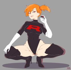 Rule 34 | 1girl, alternate costume, black leotard, boots, breasts, corruption, creatures (company), curvy, dark persona, full body, game freak, gloves, gym leader, high heel boots, high heels, highleg, highleg leotard, highres, holding, large breasts, leotard, lipstick, looking at viewer, makeup, misty (pokemon), nintendo, open mouth, orange hair, poke ball, pokemon, pokemon rgby, r3dfive, revealing clothes, shiny clothes, shiny skin, short hair, side ponytail, simple background, skin tight, smile, solo, spread legs, squatting, team rocket, team rocket uniform, thigh boots, thighhighs, white gloves, wide hips