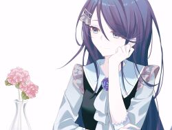 Rule 34 | 1girl, ascot, black shirt, blue eyes, blue flower, blue rose, brooch, closed mouth, flower, hair between eyes, hair ornament, hairclip, hand on own cheek, hand on own face, head rest, highres, hoshino ichika (project sekai), jewelry, long hair, long sleeves, looking to the side, parted bangs, pink flower, project sekai, purple hair, ritzchrono, rose, sailor collar, shirt, sidelocks, simple background, smile, solo, straight hair, upper body, vase, white ascot, white background, white sailor collar