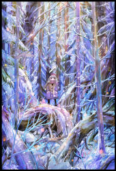 Rule 34 | 1girl, bare tree, bird, black pantyhose, blush, border, colorful, covered mouth, deer, fir tree, forest, hands in pockets, hat, nature, original, outdoors, pantyhose, rabbit, red eyes, scarf, scenery, silver hair, snow, snowing, solo, sonidoriy, squirrel, standing, tree, winter, winter clothes