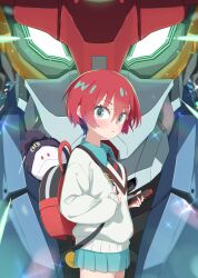 1girl absurdres amate_yuzuriha aqua_eyes backpack bag blush collared_shirt commentary_request gquuuuuux gundam gundam_gquuuuuux haro highres looking_at_viewer mecha mobile_suit necktie red_hair robot shirt short_hair skirt sweater wqooon