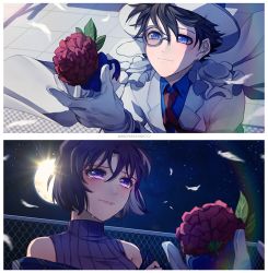 Rule 34 | 1boy, 1girl, blue eyes, blue shirt, blush, brown hair, closed mouth, collared shirt, crying, feathers, flower, full moon, gloves, hat, holding, holding flower, jacket, kaitou kid, meitantei conan, miyano shiho, monicanc, monocle, moon, necktie, night, outdoors, purple eyes, purple vest, red flower, red neckwear, red rose, ribbed sweater, rose, shirt, short hair, sky, smile, split screen, star (sky), starry sky, sweater, tears, turtleneck, turtleneck sweater, upper body, vest, white gloves, white headwear, white jacket, wing collar