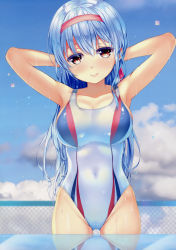 Rule 34 | 10s, 1girl, absurdres, armpits, arms behind back, arms behind head, arms up, artist request, bare arms, blue hair, blue sky, breasts, cleavage, cloud, cloudy sky, collarbone, competition swimsuit, covered navel, cowboy shot, day, eyebrows, eyes visible through hair, gluteal fold, groin, hair between eyes, hairband, head tilt, headband, highleg, highleg swimsuit, highres, kantai collection, large breasts, long hair, looking at viewer, one-piece swimsuit, red eyes, reflection, scan, shoukaku (kancolle), sky, smile, solo, swimsuit, water drop, wet, wet hair, white hair, white one-piece swimsuit
