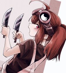 Rule 34 | 1girl, ahoge, alternate costume, black shirt, brown background, brown hair, commentary request, dual wielding, dutch angle, from behind, goggles, goggles on head, hands up, highres, holding, holding knife, knife, looking at viewer, looking back, medium hair, multicolored background, natsu tuna, open mouth, overalls, pink eyes, profile, shirt, short sleeves, sidelocks, solo, t-shirt, touhoku kiritan, twintails, upper body, v-shaped eyebrows, voiceroid, white background, white overalls