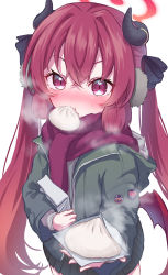 Rule 34 | 1girl, absurdres, black ribbon, blue archive, blush, commentary request, eating, eyelashes, green jacket, green skirt, hair between eyes, hair ribbon, highres, holding, hood, hood down, hooded jacket, horns, incoming food, jacket, junko (blue archive), long sleeves, looking at viewer, low wings, mouth hold, pleated skirt, purple eyes, purple scarf, red hair, ribbon, scarf, skirt, solo, steam, take-run-atelier, twintails, white background, wings