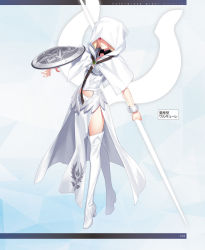 Rule 34 | 1girl, bare shoulders, black footwear, blonde hair, boots, breasts, bright pupils, closed mouth, fate/grand order, fate (series), full body, head wings, highres, holding, holding shield, holding weapon, knee boots, looking at viewer, medium breasts, pelvic curtain, polearm, red eyes, shield, short hair, simple background, solo, spear, standing, takeuchi takashi, valkyrie (fate), weapon, white background, white pupils, wings