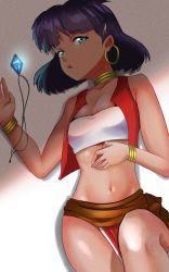Rule 34 | 1girl, bandeau, bracelet, commentary, dark skin, dark-skinned female, earrings, fushigi no umi no nadia, green eyes, hair ornament, hairclip, highres, jewelry, loincloth, looking at viewer, midriff, nadia la arwall, navel, neck ring, necklace, open mouth, purple hair, short hair, solo, strapless, tube top, vest
