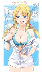 Rule 34 | 1girl, :o, absurdres, ahoge, akane (getwild23), bikini, bikini top only, bikini under clothes, blonde hair, blue bikini, blue eyes, blush, border, bracelet, breasts, cleavage, collarbone, commentary request, dated, front-tie bikini top, front-tie top, hachimiya meguru, hair ornament, hairclip, heart, highres, idolmaster, idolmaster shiny colors, jewelry, large breasts, long hair, low twintails, signature, solo, sweatdrop, sweater, swimsuit, swimsuit under clothes, translation request, twintails, unzipping, white border