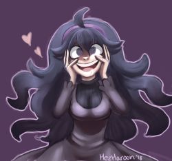 Rule 34 | 1girl, @ @, ahoge, artist name, breasts, creatures (company), dated, dress, drooling, female focus, game freak, hair between eyes, hairband, hands on own cheeks, hands on own face, hands up, happy, heart, hex maniac (pokemon), highres, jpeg artifacts, long hair, long sleeves, matching hair/eyes, medium breasts, messy hair, mezmaroon, nintendo, npc trainer, open mouth, outline, pokemon, pokemon xy, purple background, purple dress, purple eyes, purple hair, purple hairband, purple outline, saliva, signature, simple background, smile, solo, teeth