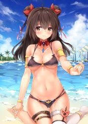 Rule 34 | 1girl, absurdres, beach, bell, belt, bikini, black bikini, black hair, breasts, bridal garter, cleavage, cloud, collarbone, day, double bun, hair bell, hair bun, hair ornament, has bad revision, heart, highres, jingle bell, long hair, looking at viewer, md5 mismatch, medium breasts, navel, original, outdoors, outstretched arm, palm tree, resolution mismatch, single thighhigh, sitting, smile, solo, source smaller, suzuame yatsumi, swimsuit, thighhighs, tree, underboob, water, white thighhighs