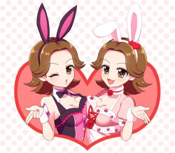 Rule 34 | 2girls, :d, ;d, animal ears, asymmetrical docking, bad id, bad pixiv id, blowing kiss, bow, bowtie, breast press, breasts, brown eyes, brown hair, cleavage, clone, fake animal ears, hair ornament, hand up, heart, heart background, heart hair ornament, idolmaster, idolmaster cinderella girls, large breasts, leotard, looking at viewer, medium breasts, mole, mole on breast, multiple girls, ohta yuu, one eye closed, open mouth, playboy bunny, rio (usagiya), short hair, simple background, smile, wrist cuffs