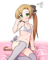 Rule 34 | absurdres, aged down, akigumo (kancolle), bikini, brown hair, dated, flat chest, green eyes, grey thighhighs, grin, hair ribbon, highres, kantai collection, long hair, maru (marg0613), one-hour drawing challenge, ponytail, ribbon, side-tie bikini bottom, simple background, smile, swimsuit, thighhighs, two-tone bikini, white background