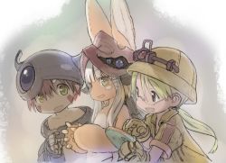 Rule 34 | 1boy, 1girl, 1other, ambiguous gender, animal ears, blonde hair, blush, brown eyes, brown gloves, brown hair, collarbone, furry, glasses, gloves, green eyes, helmet, long hair, looking at another, made in abyss, nanachi (made in abyss), parted lips, pith helmet, regu (made in abyss), riko (made in abyss), semi-rimless eyewear, short hair, short sleeves, smile, tail, tsukushi akihito, under-rim eyewear, white hair, yellow eyes