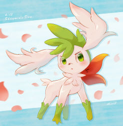 Rule 34 | blush, character name, commentary request, creatures (company), full body, game freak, gen 4 pokemon, green eyes, highres, legendary pokemon, mythical pokemon, nintendo, no humans, parted lips, petals, pokemon, pokemon (creature), shaymin, shii (no-va could), signature, solo, white fur