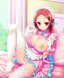 Rule 34 | 1girl, apron, aqua ribbon, arisue tsukasa, bad id, bad twitter id, bare shoulders, bed, bed sheet, blush, bow, bow panties, breasts, brown eyes, brown hair, cleavage, clothes lift, commentary request, covered erect nipples, curtains, dress, elbow gloves, frilled apron, frilled skirt, frills, gloves, grin, hair ornament, hair ribbon, hairclip, hands up, highres, indoors, knee up, large breasts, long hair, looking at viewer, maid, maid apron, maid headdress, neck ribbon, on bed, one breast out, open mouth, original, panties, pantyshot, parted bangs, pasties, pillow, pink dress, red bow, ribbon, shiny skin, short dress, sitting, skirt, skirt lift, sleeveless, sleeveless dress, smile, solo, star pasties, teeth, thighhighs, tree, turtleneck, turtleneck dress, underwear, upskirt, waist apron, white gloves, white panties, white thighhighs, window
