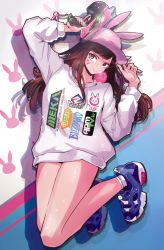 Rule 34 | 1girl, acronym, animal ears, animal hat, animal print, bare legs, baseball cap, blowing bubbles, blue footwear, brown eyes, brown hair, character name, charm (object), chewing gum, clothes writing, collarbone, commentary request, d.va (overwatch), emblem, eyelashes, facepaint, facial mark, fingernails, gun, handgun, hands up, hat, highres, holding, holding gun, holding weapon, legs up, logo, long hair, long sleeves, looking at viewer, overwatch, overwatch 1, pink hat, pistol, puppeteer7777, rabbit ears, rabbit hat, rabbit print, shirt, shoes, socks, solo, sparkle, swept bangs, trigger discipline, weapon, whisker markings, white shirt, white socks