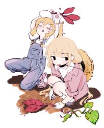Rule 34 | &gt; &lt;, 2girls, absurdres, arms up, baseball cap, black eyes, blonde hair, blue overalls, blush, chestnut mouth, dirt, food, food request, furrowed brow, futaba anzu, gardening, gloves, hat, hat on back, highres, holding, holding food, holding vegetable, idolmaster, idolmaster cinderella girls, iwashi iwashimo, leaning back, long hair, looking to the side, multiple girls, no pupils, off shoulder, open mouth, overalls, pulling, raised eyebrows, sakurai momoka, shirt, shoes, short sleeves, sidelocks, simple background, sneakers, squatting, straw hat, v-shaped eyebrows, vegetable, very long hair, wavy hair, white background, white gloves, white headwear, white shirt