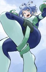 Rule 34 | 1girl, :d, antenna hair, blue bodysuit, blue eyes, blue hair, blue sky, bodysuit, boku no hero academia, cloud, day, drill hair, fengling (furin-jp), from below, gloves, green bodysuit, hadou nejire, highres, multicolored bodysuit, multicolored clothes, official alternate hair length, official alternate hairstyle, open mouth, outdoors, short hair, sky, smile, solo, superhero costume, twin drills, unfinished, yellow gloves